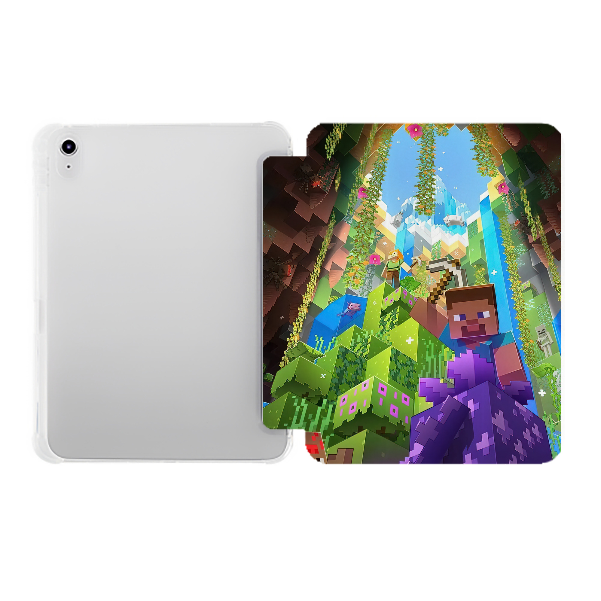 （画像用） マインクラフト ブロックの世界 Minecraft MC Block world IPad ケース ペン収納付き 三つ折りスタンド PUレザー×シリコン 対応機種9.5/10.5/10.9インチ